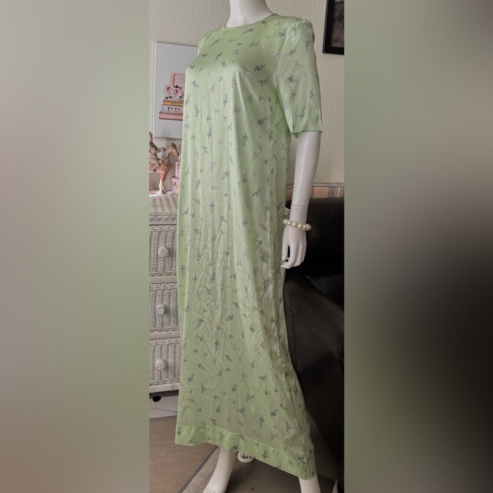 GANNI Mint Green Silk Floral Maxi T Shirt Dress Adjustable Leg Slit Zipper Sz. 6 - Picture 4 of 12